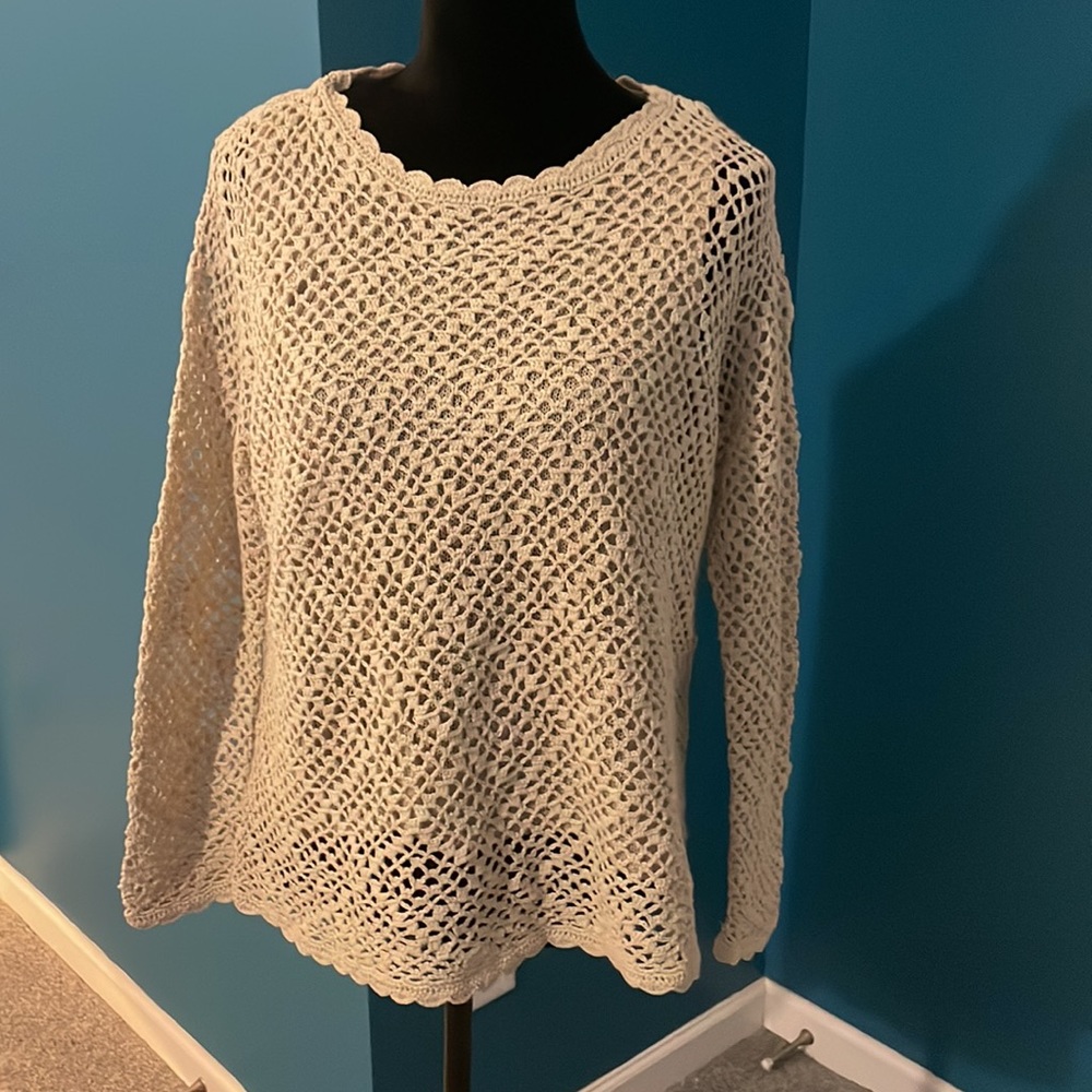 Hampshire Studio tan petite medium lined crochet sweater